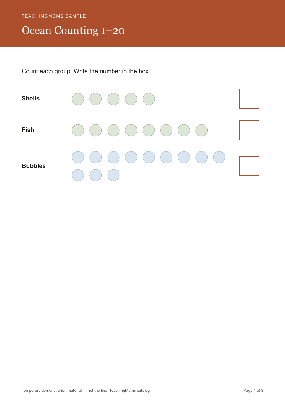 Counting worksheet with groups labeled shells, fish, and bubbles